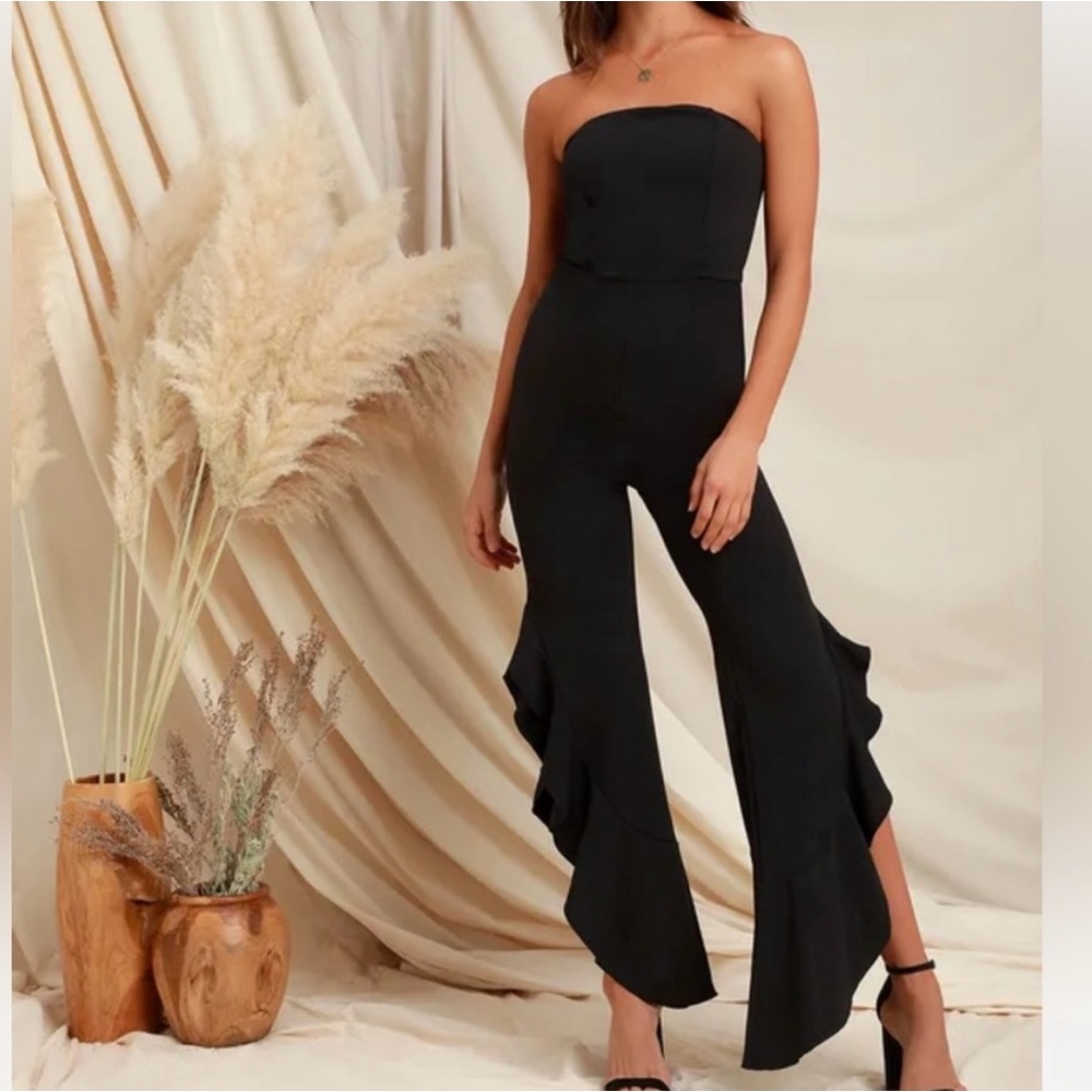 Black strapless ruffle leg jumpsuit size small